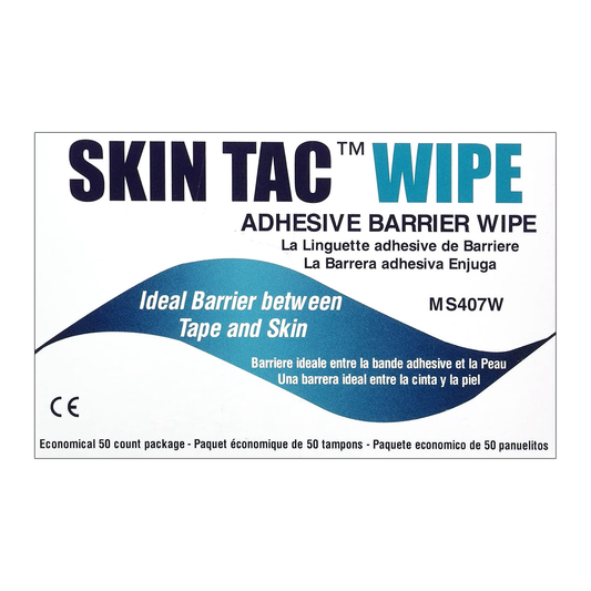 Skin Tac MS407W adhesive barrier wipes on a white background