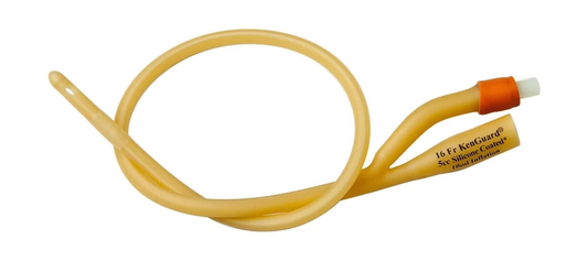 Teleflex Rusch 180705 Gold silicone-coated two-way Foley catheter on a white background