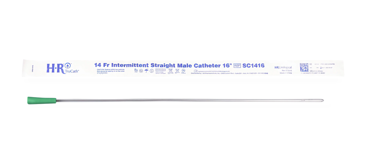 TruCath uncoated straight tip intermittent catheter, male, 14 Fr package and catheter