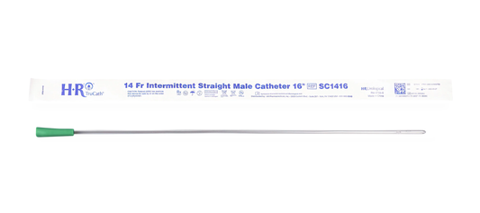 TruCath uncoated straight tip intermittent catheter, male, 14 Fr package and catheter