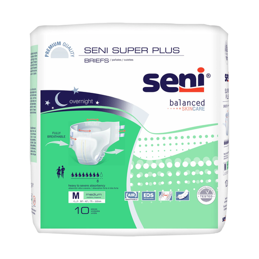 Seni Seni Super Plus Adult Diapers with Tabs (TZMSSM12BP1, TZMSME10BP1) on a white background