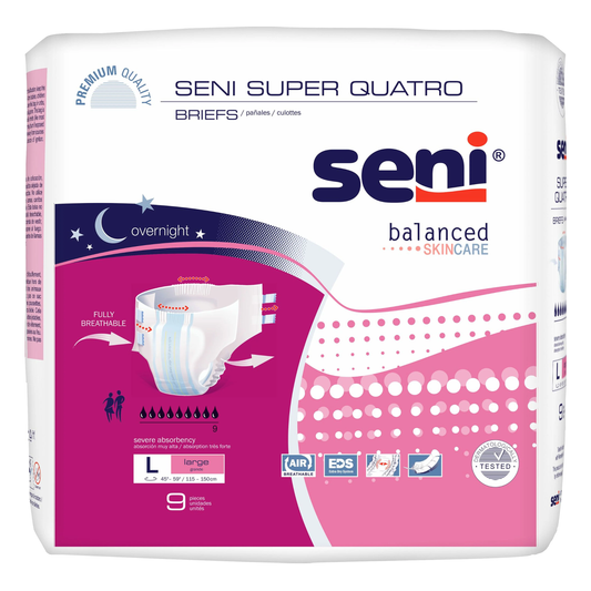 Seni Seni Super Quatro Adult Diapers with Tabs (TZMSSM12BQ1, TZMSME10BQ1) on a white background