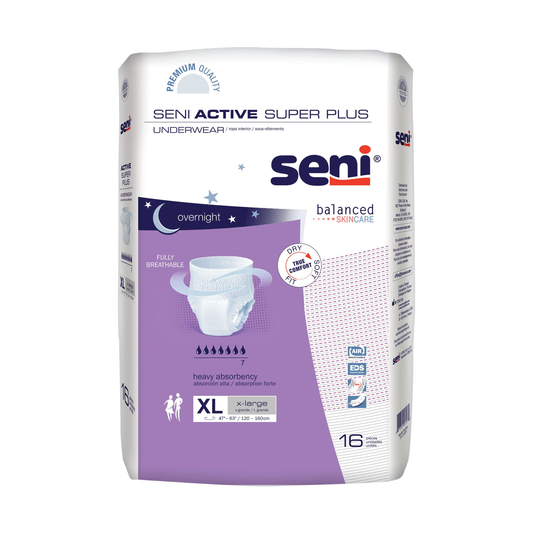 Seni Seni Active Super Plus Adult Incontinence Pull-Up Underwear, Overnight Absorbency (TZMSSM22AP1, TZMSME20AP1) on a white background