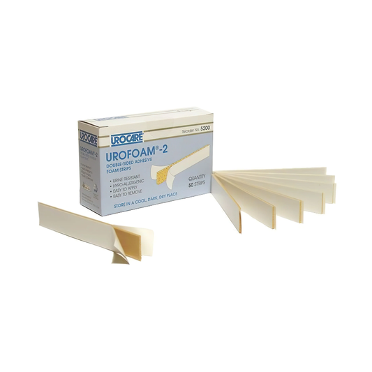 Urocare Urofoam External Catheter Adhesive Foam Strips (UC5100, UC5200) on a white background