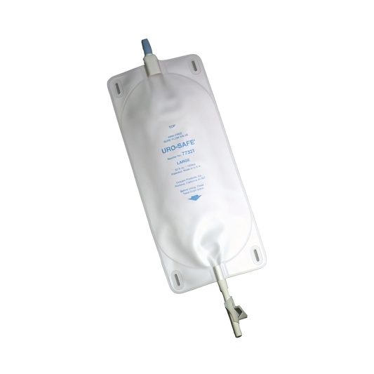 Urocare Uro-Safe Disposable Sterile Vinyl Leg Bags - Semi-Transparent Front and Back - Thumb Clamp (UC76181, UC76321) on a white background