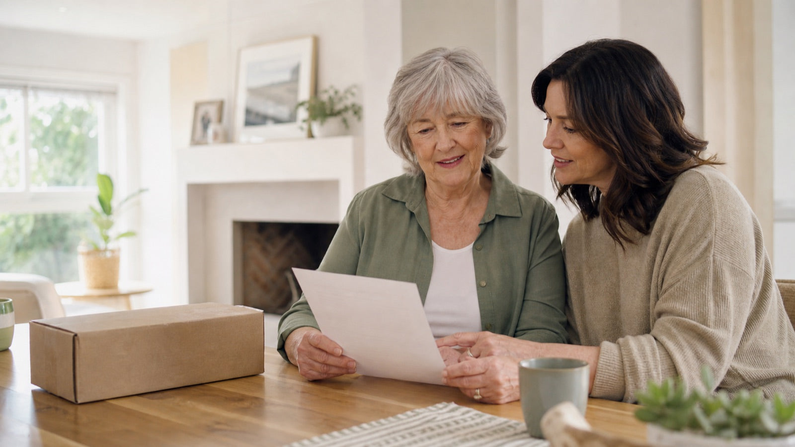 Customer reviewing a discreet home delivery checklist with a family member